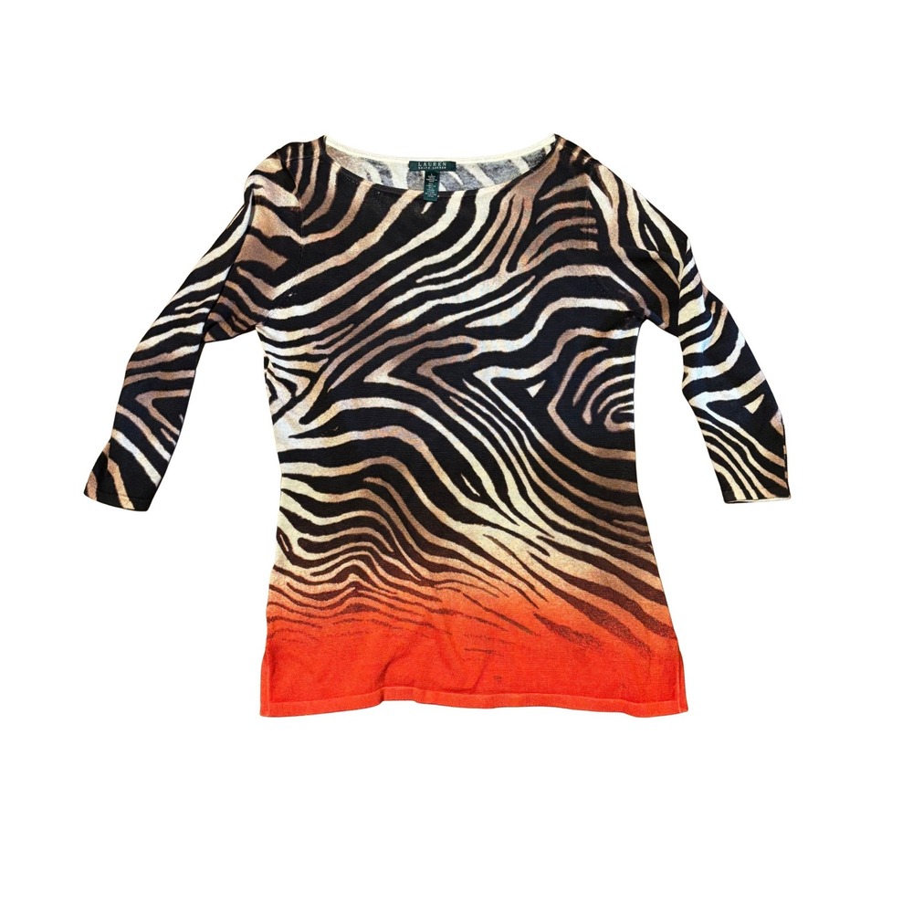 Lauren Ralph Lauren Ombre Zebra Print Linen Blend Top Orange Black Size L